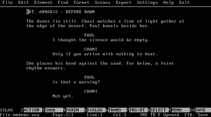 Actual Movie Master app screenshot showing an original Arrakis scene with Paul and Chani, the real DOS menus and function keys.